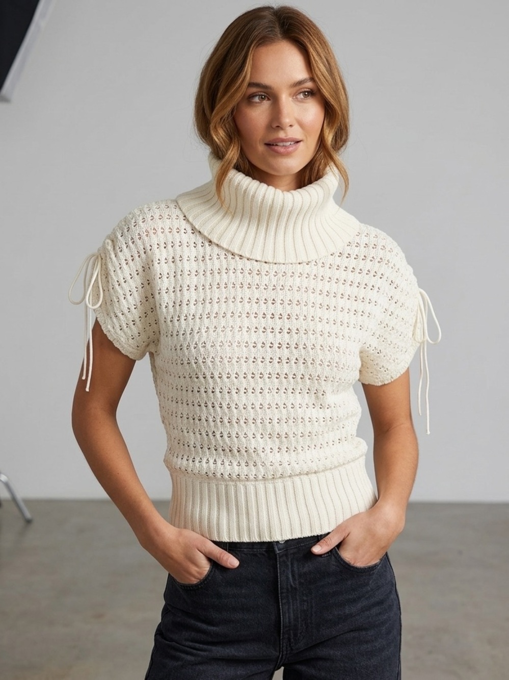 BuffaloDavid Bitton Angora Wool Blend Cream Turtleneck Short-Sleeve Knit Sweater